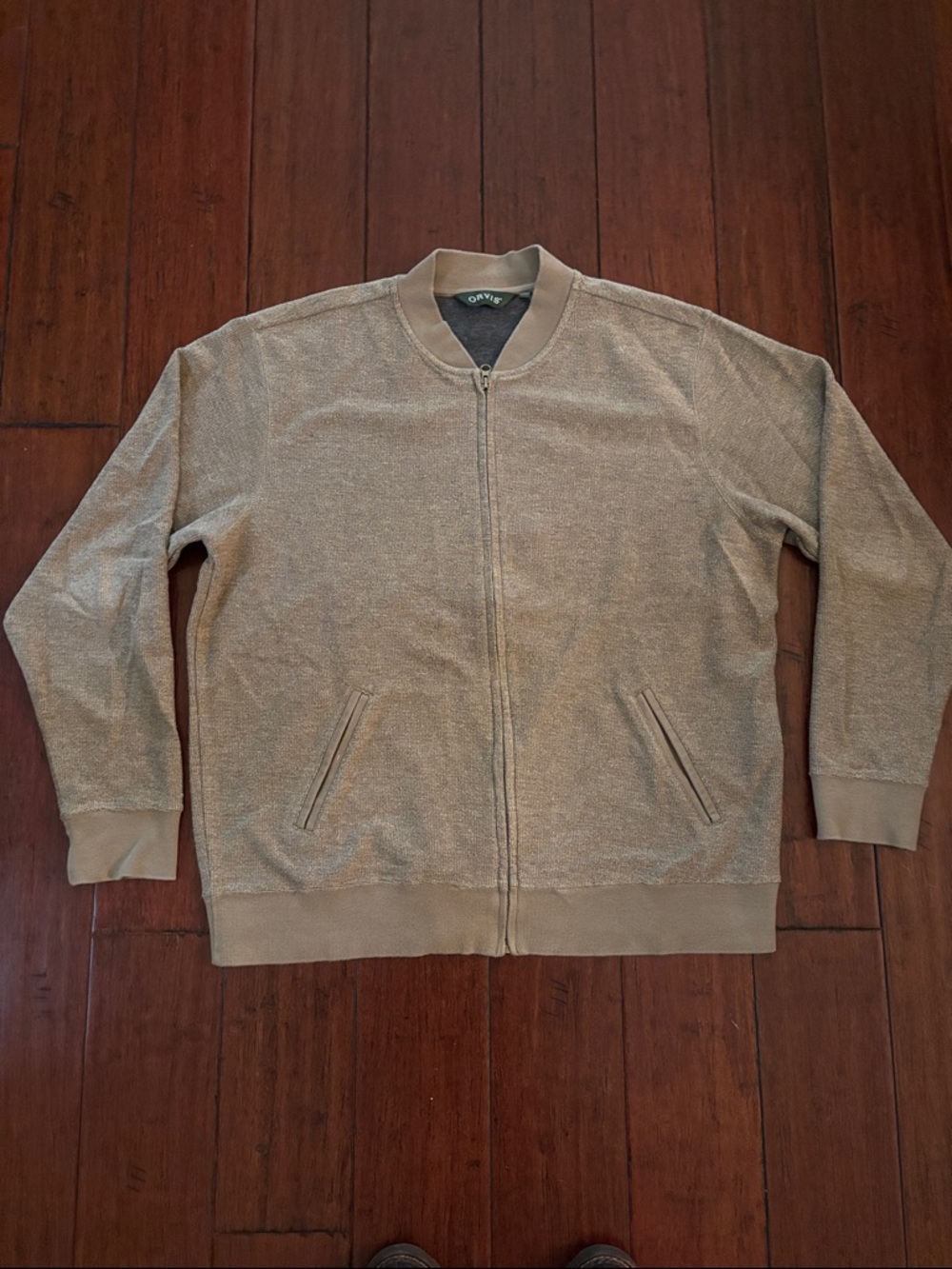 Orvis Full Zip Bomber Jacket - Tan/Khaki, Men’s L, 70% Cotton/30% Poly Terry.